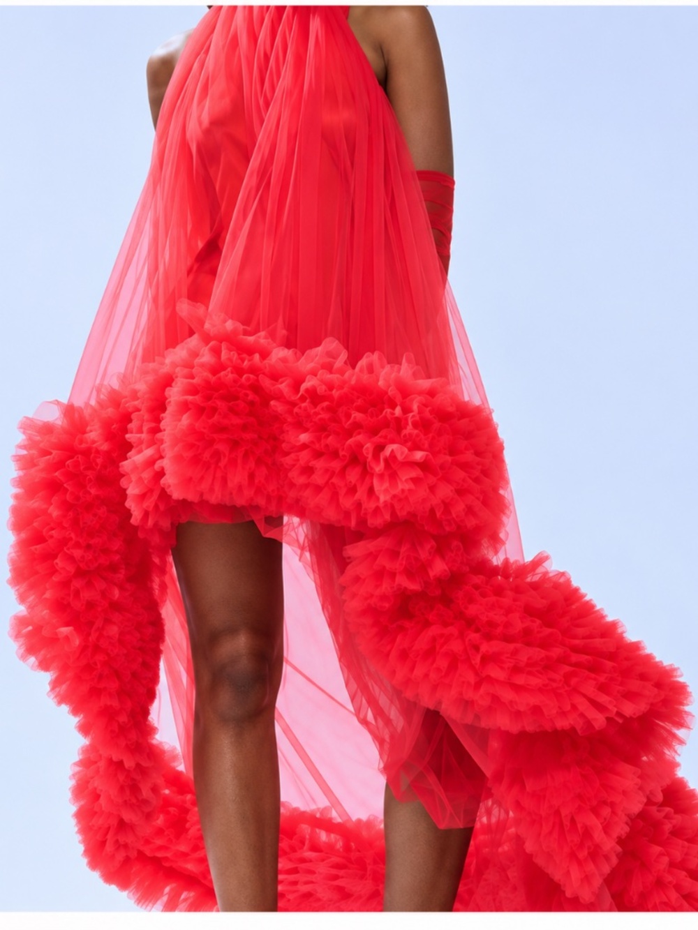 ARI TULLE RUFFLE HIGH LOW MINI DRESS IN RED